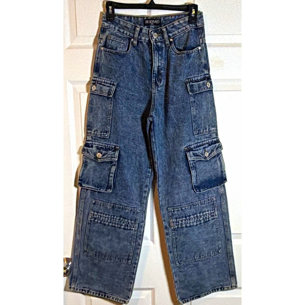 Reserved Women's Blue Solid Cotton Denim Wide-Leg Cargo Jeans Regular Button 3
